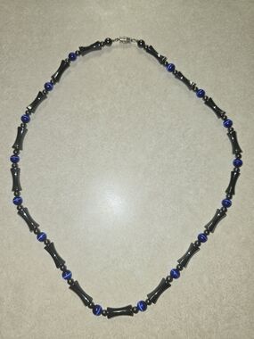 Hematite and Blue Beaded Women's Necklace with Screw Closure